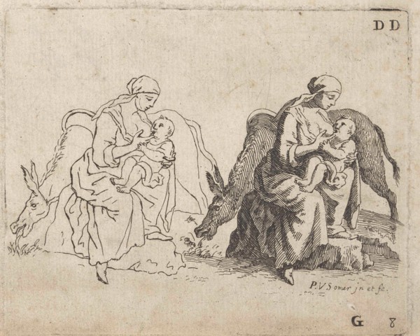 Lactating mother with a donkey, Paul van Somer (II), 1670 - 1697