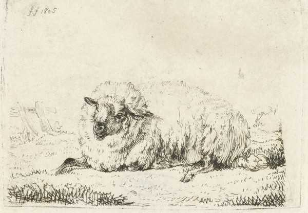Lying sheep with thick fur, Frédéric Théodore Faber, 1805