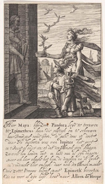 Pandora and Epimetheus, print maker: Pieter Serwouters, 1601 - 1657