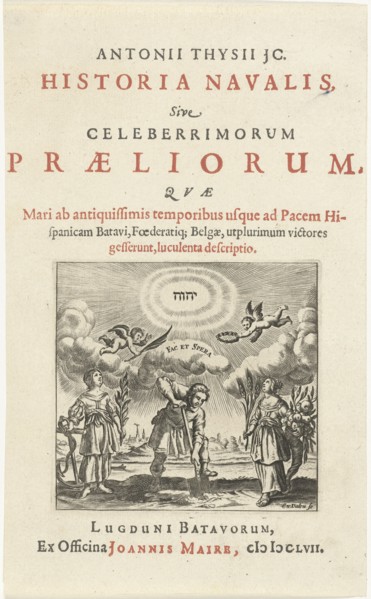 Man holds shovel in the ground standing between personifications of Hope and Abundance, print