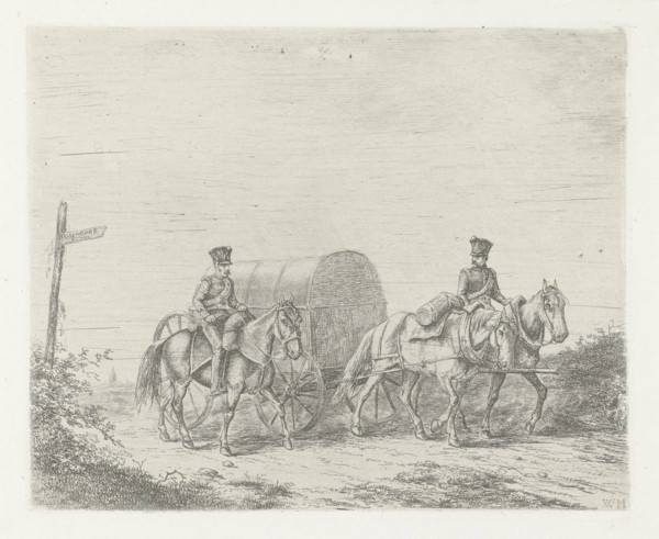 Two soldiers on horseback on the road, print maker: Christiaan Wilhelmus Moorrees, 1811 - 1867