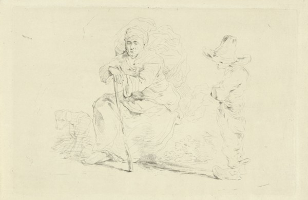 Resting woman leaning on a stick, print maker: Jean Zacherie Mazel, 1802 - 1884