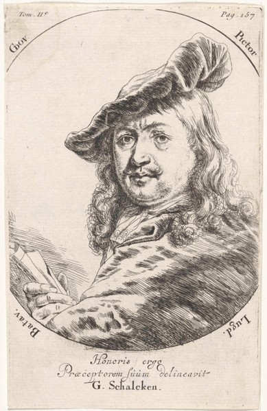 Portrait of Gerard Dou, print maker: Godfried Schalcken, 1660 - 1680