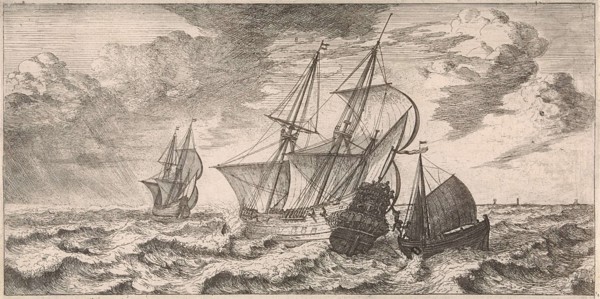 A pilot is taken at sea aboard from a pilot boat, print maker: Joost van Geel (attributed to),