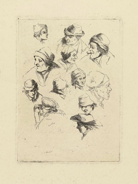 Study Sheet with twelve heads, print maker: Marie Lambertine Coclers, 1776 - 1815
