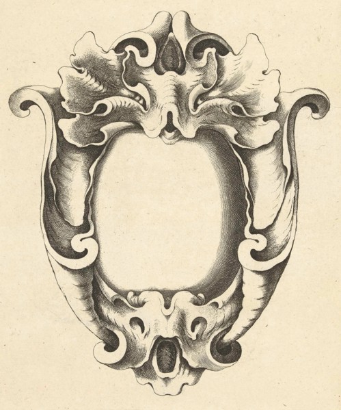with two masks Cartouche, Jacob Lutma, Johannes Lutma (I), Frederik de Wit, c. 1654 - c. 1678