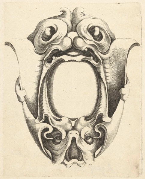 Cartouche with top and bottom of a mask, Jacob Lutma, Johannes Lutma (I), Frederik de Wit, c. 1654