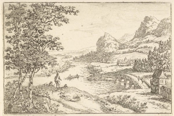 Stone bridge at a river junction, Jan van Almeloveen, 1662-1683