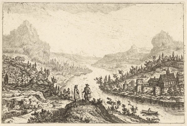 River landscape with two men on a hill, Jan van Almeloveen, 1662 - 1683