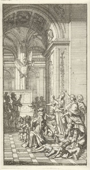 Women weep for two dying men in a palace, Christoffel Lubienitzki, 1704