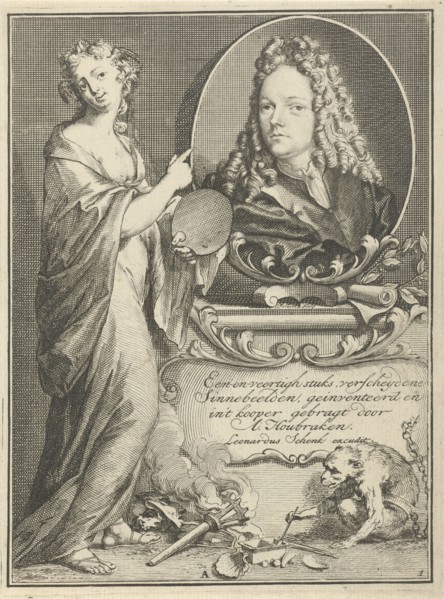 Female Figure with palette pointing to portrait of Arnold Houbraken, Arnold Houbraken, A.