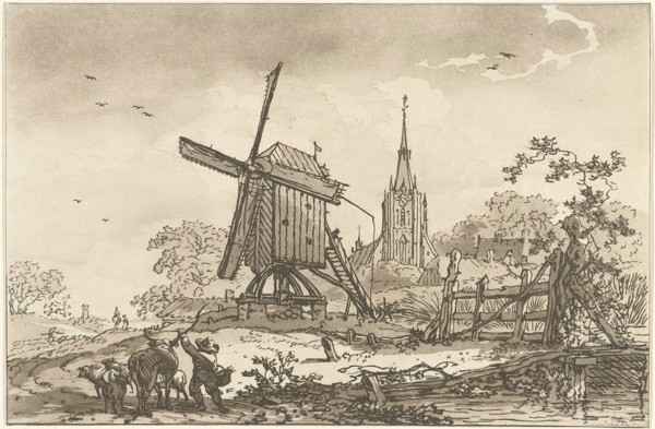 landscape with a windmill and a church, Hendrik Meijer, Timothy Sheldrake, 1789 - 1793