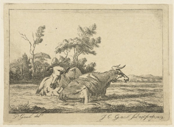 Two white cows lying in front of a group of trees, Jacobus Cornelis Gaal, 1859