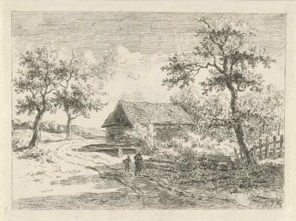 On a road walk a man and a child along some tree trunks, in the background trees and a farm, print