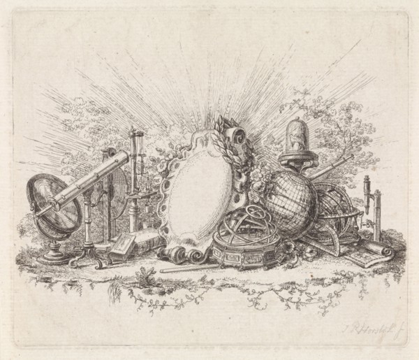 Cartouche surrounded by scientific instruments, Johannes Petrus van Horstok, 1755 - 1825