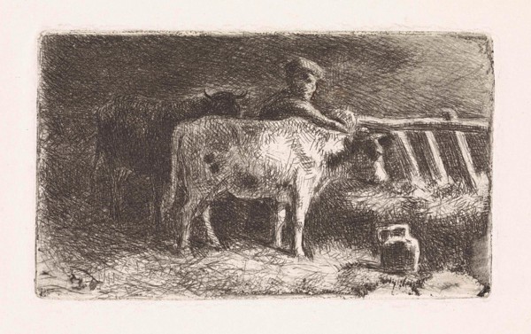 Farmer between two cows in a stable (small version), Jan Vrolijk, 1860 - 1894