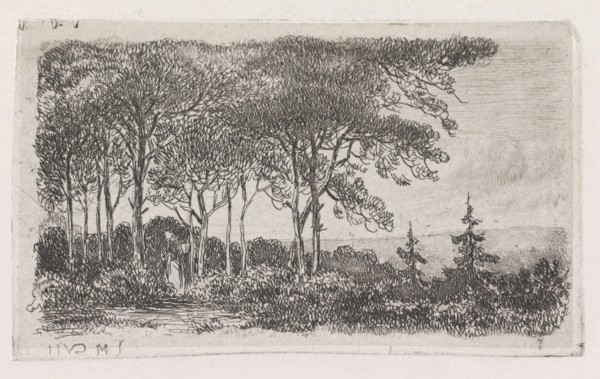 A wooded landscape with the left in the foreground a woman with a basket on her back, print maker: