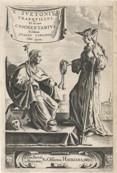 On a pedestal is an emperor on his throne, beside a Medusa head, his foot rests on a top hat, in