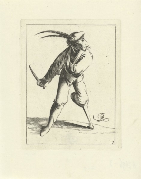 A fool with a wooden leg and arm in a sling has a knife in his hand, he wears a beret with long