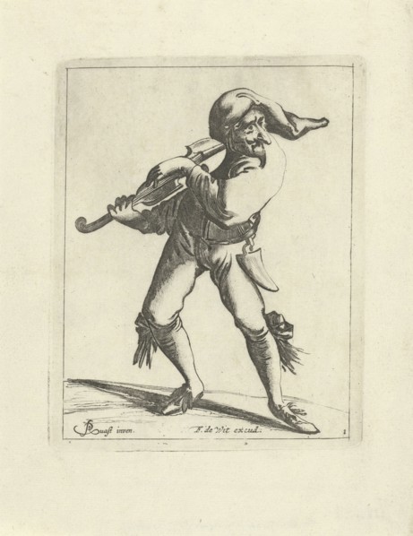 Jester with a violin, print maker: Pieter Jansz. Quast, Frederik de Wit, 1639 - 1706