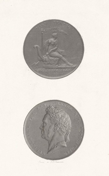 The front and back of a coin to commemorate the 25th anniversary of king William I, the portrait of