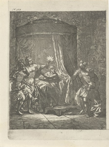 In a dark bedroom is Aristodemus prince of Cuma in bed while he is betrayed by his companion