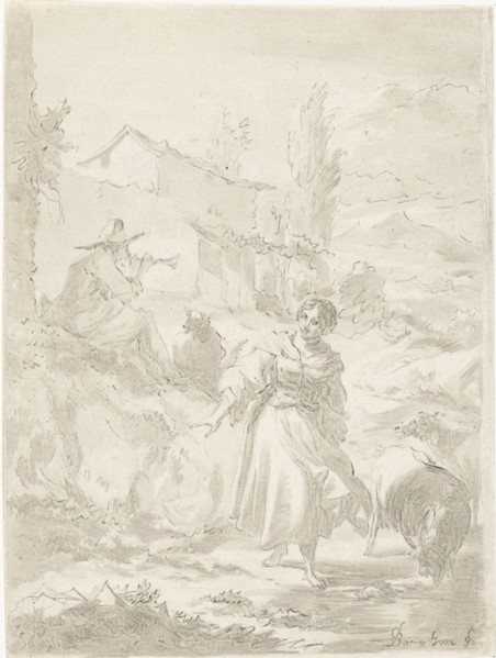 Shepherd sits on a rock and plays pipe, a shepherdess, goats, print maker: Jurriaan Cootwijck,
