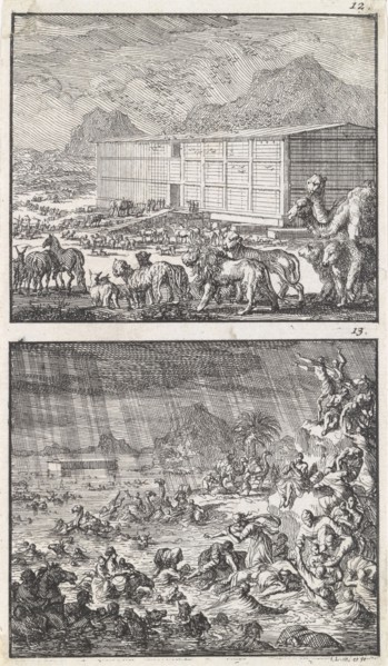 Noah loads all the animals in the Ark, The Flood, Jan Luyken, 1698