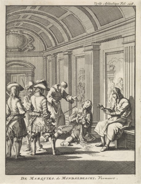 Marquis Giovanni Monaldeschi murdered in the palace of Fontainebleau, 1657, Jan Luyken, Jan Claesz