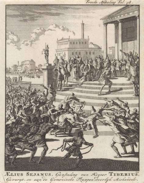 Sejanus, prefect under the emperor Tiberius, is beaten and strangled, 31 BC, Jan Luyken, Jan Claesz