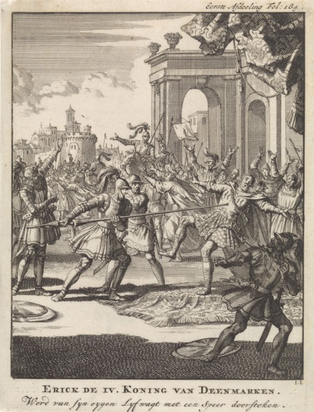 Eric IV of Denmark pierced by his own bodyguard with a spear, 1250, Jan Luyken, Jan Claesz ten