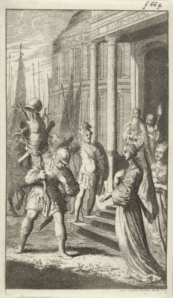 Poliarchus meets Queen Hyanisbe after his victory over Radirobanes, Jan Luyken, 1680