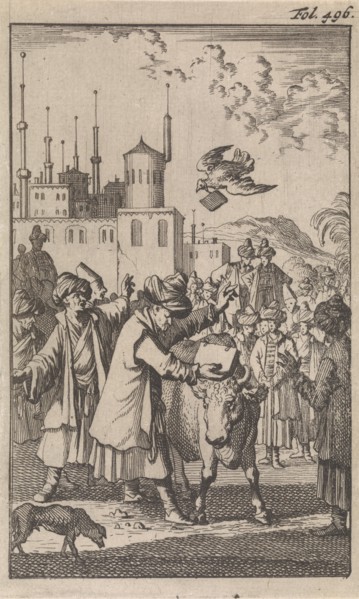 On a large square a crowd of Turks sees how Mahomed takes a book that is held between the horns of