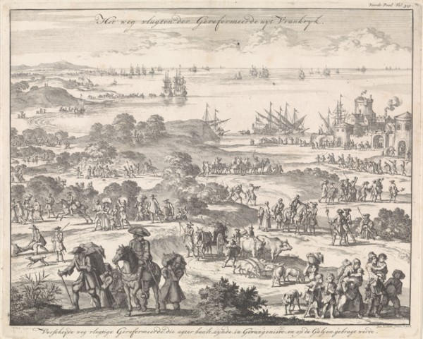 Protestants flee from France after the revocation of the Edict of Nantes, 1685-1686, Jan Luyken,