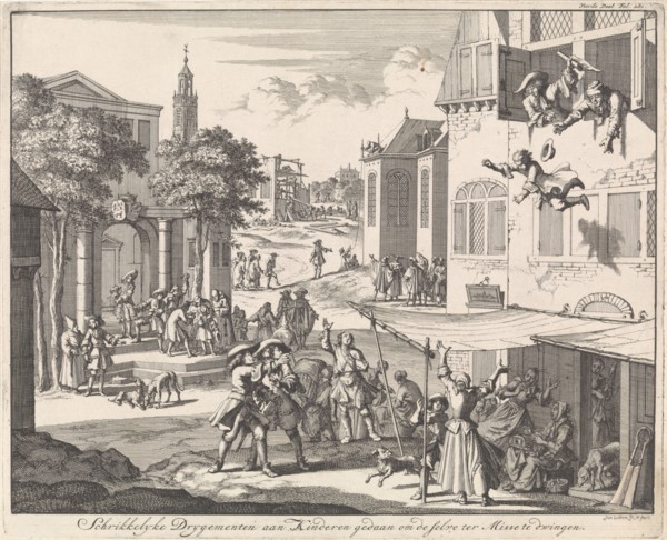Child is thrown out of the window because it refuses to serve Mass, Jan Luyken, 1696
