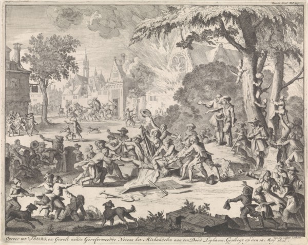 Riot at Tours where the corpse of a Protestant is mistreated, France 1621, Jan Luyken, Caspar