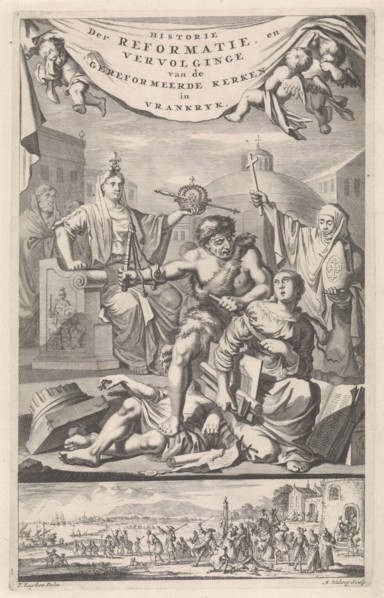 Gallia and the French Catholic Church watch how the Reformed Church is lashed, Adriaen Haelwegh,