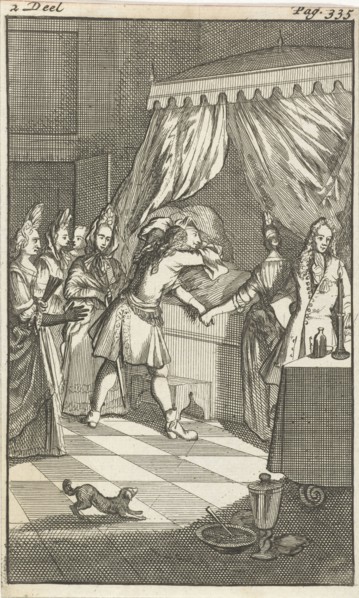 Mirandor's brother at the bedside of Rosamire, Caspar Luyken, Pieter van Rijschooten, 1695