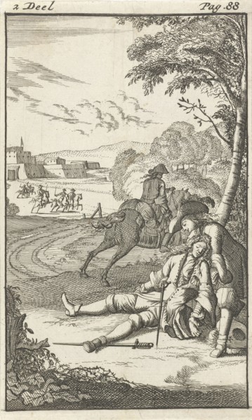 Mirandor finds a wounded man near Arras, France, Caspar Luyken, Pieter van Rijschooten, 1695