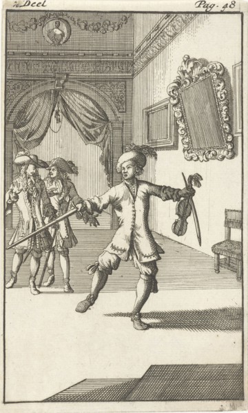 Mirandor and Belindor receives a visit from a man who performs dance steps, print maker: Caspar