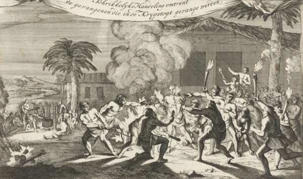 Indians torturing a prisoner with burning torches, Caspar Luyken, Jan Claesz ten Hoorn, 1695