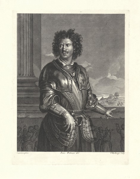 Portrait of an unknown man in a harness, he faces a railing with a relief and is pointing to two