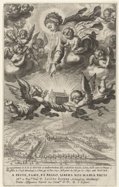 Mary with Child and angels with reliquary in sky above the church of Notre-Dame in Wavre, BoÃ«tius