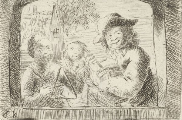 Rommelpot, a friction drum player and two children in a niche, Simon Klapmuts, 1744-1780