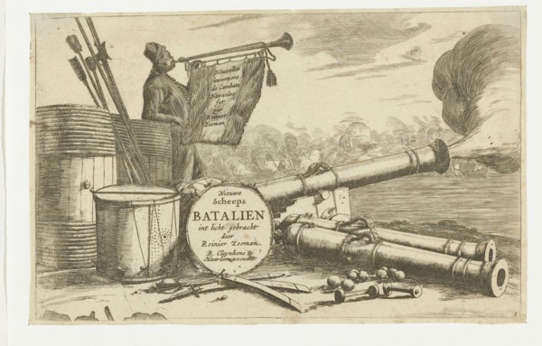 Title page with the equipment of a warship and a trumpet player, Reinier Nooms, 1652 - 1656
