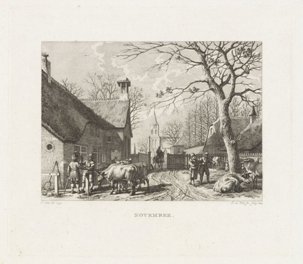 Farmers negotiate near oxen in a village, print maker: Izaak Jansz. de Wit, 1807, Jacob Cats,