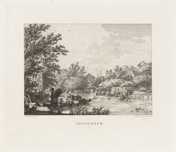 Figures carrying baskets of fruit on a river, Izaak Jansz. de Wit, 1806