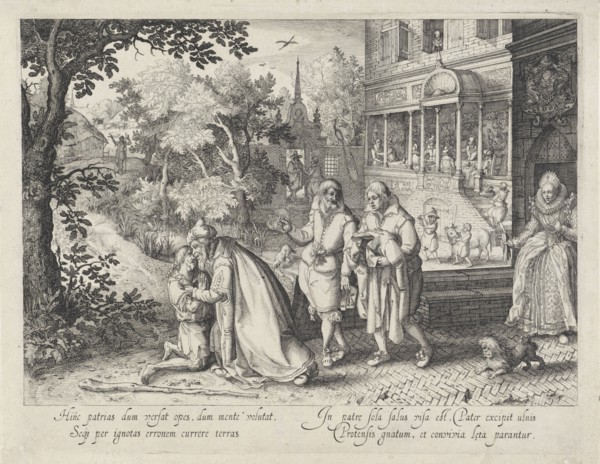 Return of the prodigal son, Claes Jansz. Visscher (II), David Vinckboons, 1608