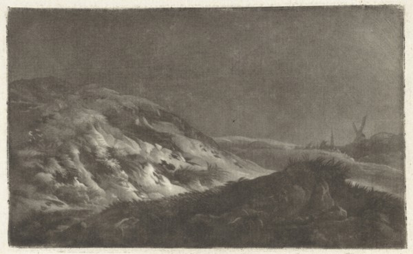 Dune landscape with a church tower in the background and a mill, print maker: Arnout Rentinck, 1722