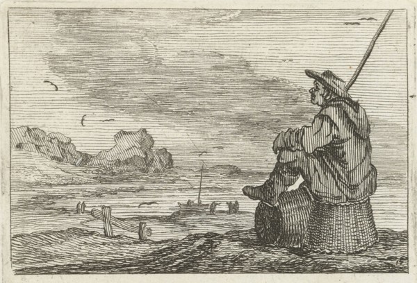 Dune landscape with a man sitting on two baskets, Gillis van Scheyndel (I), Jan Porcellis, 1645